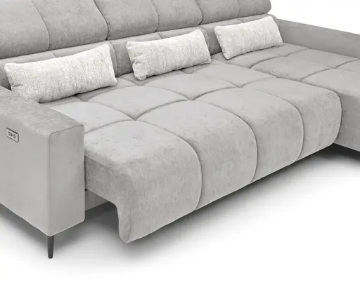Ecksofa - 2-Sitzer mit Longchair rechts, Sitztiefe verstellbar motorisch/Kopfteil verstellbar, Stoff, Silbergrau