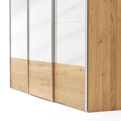 Schwebetürenschrank Colorado - B ca. 307 cm, Eichenfurnier mit Glas weiss