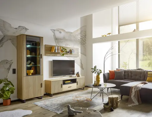 Highboard- Eiche furniert, Schwarz, Glas