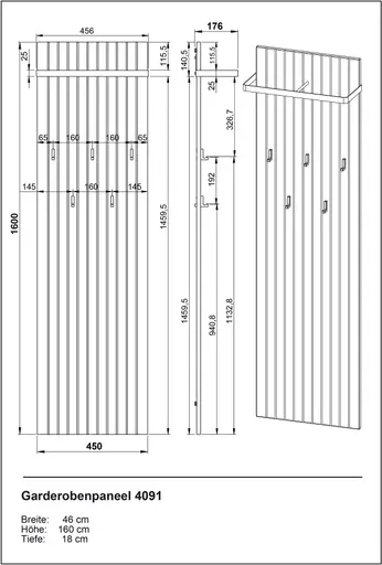 Garderobenpaneel - B ca. 46 cm, Navarra Eiche Nachbildung, Schwarz