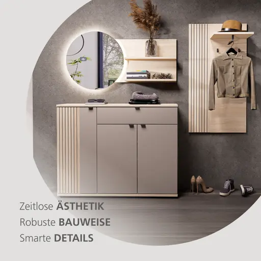 Garderobe - mit Beleuchtung, Riva Eiche Nachbildung, Basalt