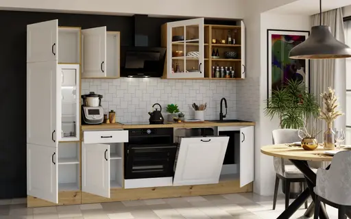 Küchenblock- ohne E-Geräte, B ca. 280 cm, Eiche Dekor, Weiß, Matt