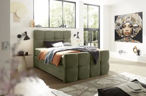 Boxspringbett SANDRIN R- Liegefläche ca. 140x200 cm, Stoff, Braungrün, inkl. Stauraum und Fußteil