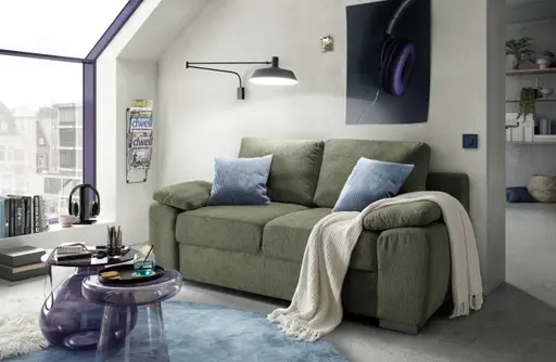 Schlafsofa EMIEL - 2-Sitzer inkl. Schlaffunktion und Bettkasten, Stoff, Graugrün