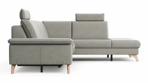Ecksofa Tulsa KS - 2,5-Sitzer, Spitzecke und 1,5-Sitzer mit Anstellhocker aufklappbar rechts,  inkl. Kopfstütze, AL verstellbar und Schlaffunktion, Leder, Graubeige
