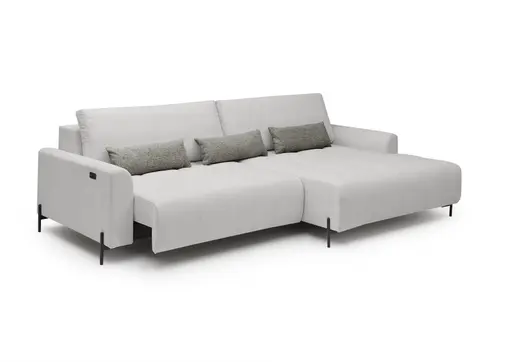 Ecksofa - 2-Sitzer mit Longchair rechts, Sitztiefe verstellbar motorisch, Stoff, Silbergrau