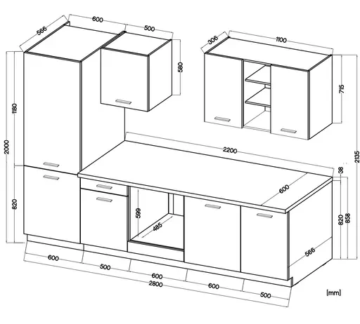 Küchenblock- ohne E-Geräte, B ca. 280 cm, Schwarz, Eiche Dekor