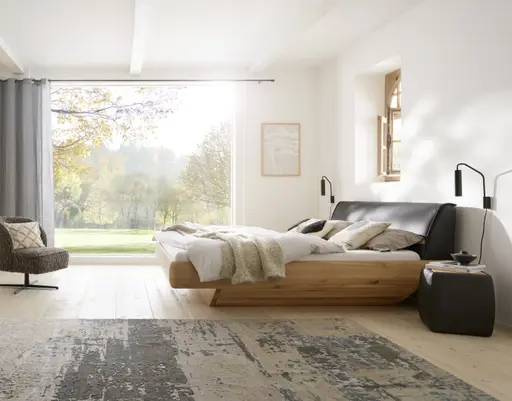 Bett Foresta - Liegefläche ca. 180x200 cm, Asteiche massiv, Bianco, Leder, Anthrazit