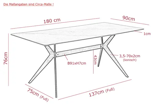 Esstisch - LB ca. 180x90 cm, Marmoroptik weiß, Perlweiß