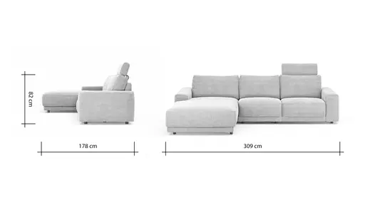 Ecksofa Balok - Longchair groß links mit 2,5-Sitzer, inkl. Relaxfunktion (motorisch) und Kopfstütze, Stoff, Eisengrau