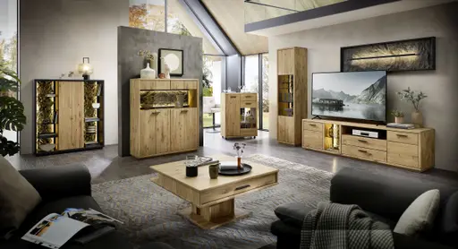 Highboard - mit Beleuchtung, Wildeiche massiv