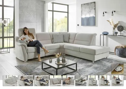 Ecksofa - 2,5-Sitzer mit Ecke rechts, Kopfteil verstellbar, Stoff, Silbergrau