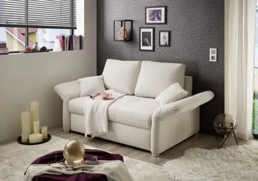 Sofa JORDEN - 1,5-Sitzer inkl. Schlaffunktion mit Bettkasten, verstellbare Armlehnen, Stoff, Beige