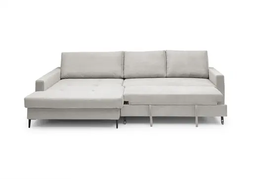 Ecksofa - Longchair links mit 3-Sitzer, Schlaffunktion mit Bettkasten, Stoff, Creme