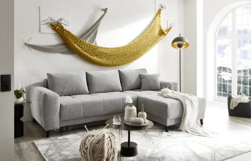 Ecksofa JONI - 2-Sitzer, Ecke rechts inkl. Schlaffunktion mit Bettkasten, Stoff, Hellgrau