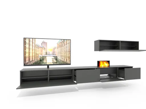 Wohnwand 3900 - inklusive Kamin und TV-Halterung, Lack, Schiefergrau