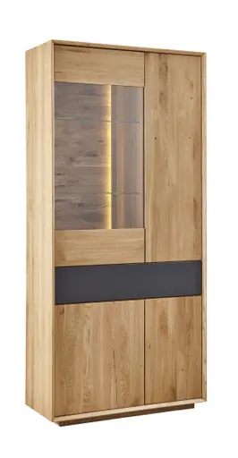 Vitrine Missoula - inkl. Beleuchtung, Asteiche massiv, natur geölt - Schublade mit Glas anthrazit