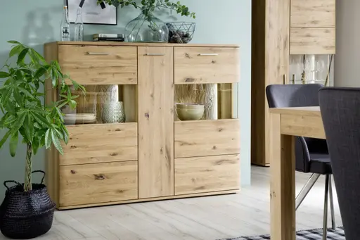 Highboard - mit Beleuchtung, Eiche teilmassiv