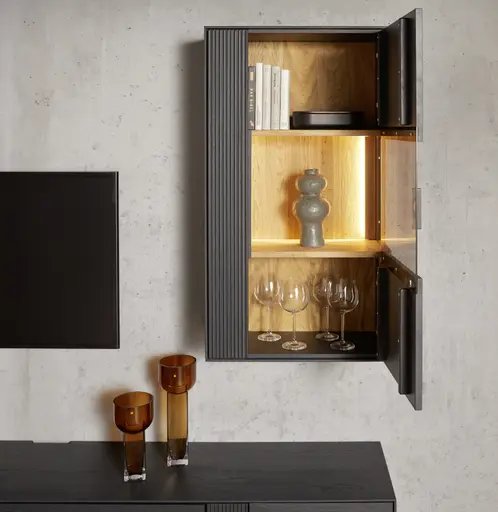 Hängevitrine Estana - inkl. Beleuchtung, Eiche massiv, anthrazit