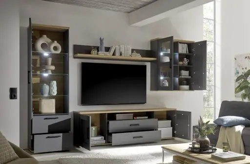 Wohnwand - mit Beleuchtung, Grau, Artisan Eiche Nachbildung