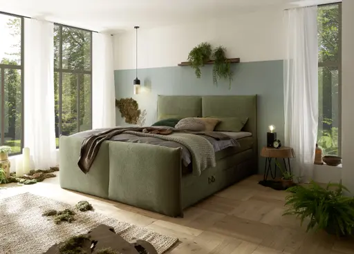 Boxspringbett SANDRIN L - Liegefläche ca. 180x200 cm, Stoff, Olivgrün, inkl. Stauraum und Fußteil
