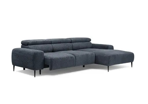 Ecksofa - 2-Sitzer mit Longchair rechts, Sitzvorzug motorisch, Kopfteil verstellbar, Stoff, Blau