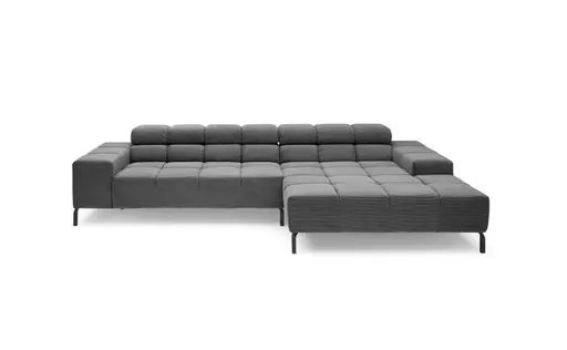 Ecksofa CLIVIA - 2-Sitzer mit Longchair rechts, Kopfteil verstellbar, Feincord,  Anthrazit
