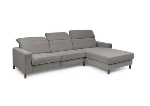 Ecksofa - CALM FLEX 2.0, 3-Sitzer mit Longchari rechts, Kopfteil verstellbar, Stoff, Grau