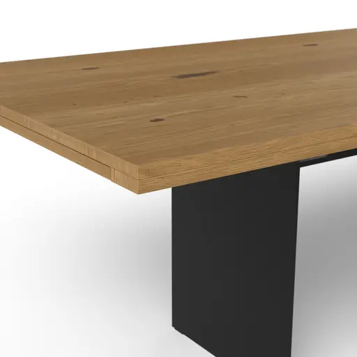 Esstisch 3110 - LB ca. 220x100 cm, ausziehbar,  Asteiche massiv, Geölt, Wange Rohstahl, Schwarz