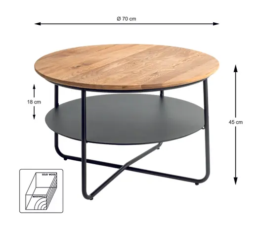 Couchtisch - Ø/H ca. 70x45 cm, Eiche massiv geölt, Schweizer Kante, Schwarz
