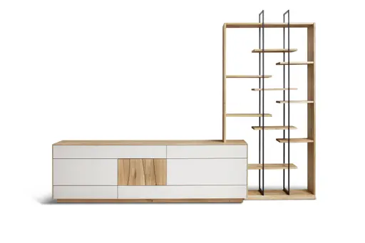 Wohnwand Mileto - BHT ca. 320x231x46 cm, Farbglas, Weiß, Naturdesign