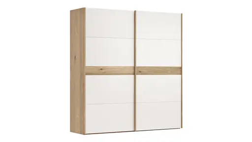 Schwebetürenschrank Viana - B ca. 212 cm, Lack, Weiß, Riffholz, Balkeneiche