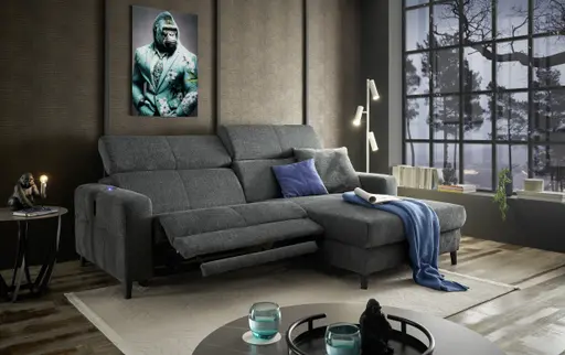 Ecksofa JANKO - 1-Sitzer mit Longchair rechts, Relaxfunktion motorisch, Stoff, Dunkelgrau