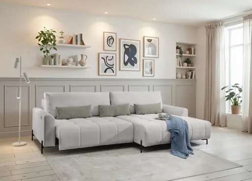 Ecksofa - 2-Sitzer mit Longchair rechts, Sitztiefe verstellbar motorisch, Stoff, Silbergrau