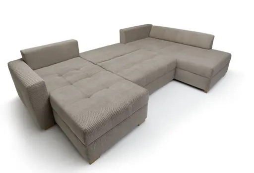Wohnlandschaft JOSY - Longchair links mit 1,5-Sitzer und Ecke rechts inkl. Schlaffunktion mit Bettkasten, Stoff, Taupe