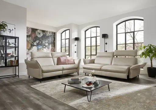 Sofa - 2,5-Sitzer, Kopfteil verstellbar, Leder, Creme