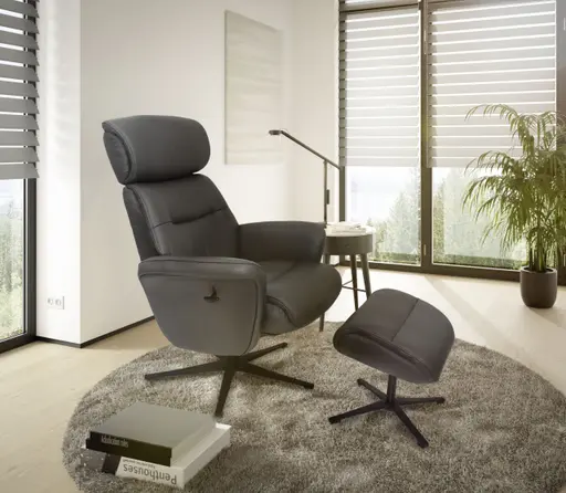 TV-Sessel MIO mit Hocker - drehbar, Relaxfunktion, Kopfteilverstellung, Leder, Dunkelgrau