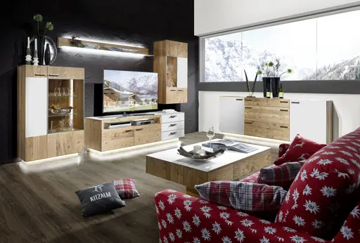 Wohnwand - mit Beleuchtung, Kernasteiche Furnier, Akzent Satinglas Weiß