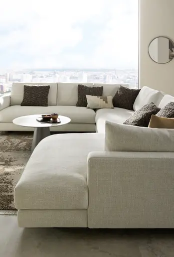 Ecksofa Cuneo Select - Ecke links, 2-Sitzer, Longchair rechts, Stoff, Offwhite