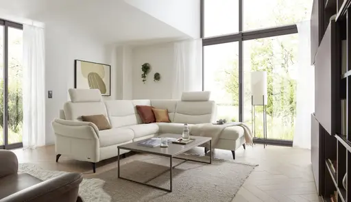 Ecksofa EM Amarante - mit Kopfstützen, Nackenkissen, Ecke links mit 3-Sitzer, Leder, beige