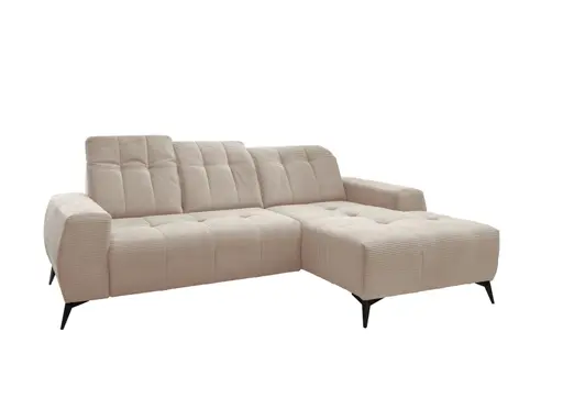 Ecksofa - 2-Sitzer mit Longchair rechts, Kopfteil verstellbar, Sitzvorzug motorisch, Stoff, Beige