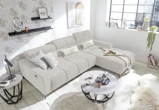 Ecksofa - 2-Sitzer mit Longchair rechts, Sitztiefe verstellbar motorisch/Kopfteil verstellbar, Stoff, Creme