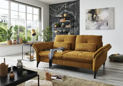 Schlafsofa - 2-Sitzer inkl. Bettfunktion, Armteil verstellbar, Stoff, Gelb