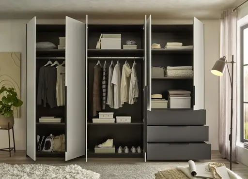Drehtürenschrank- B ca. 300 cm, Graphit, Hellgrau