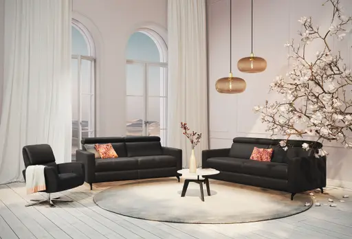 Sofa Paulina - 2,5-Sitzer, Kopfteil verstellbar, Leder, Schwarz