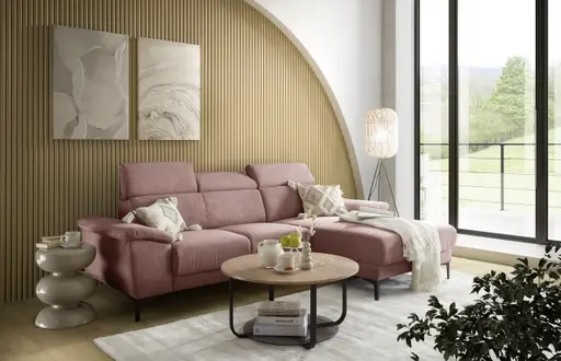 Ecksofa EZRA - 2-Sitzer, Ecke rechts inkl. Kopfteilverstellungen, Stoff, Koralle