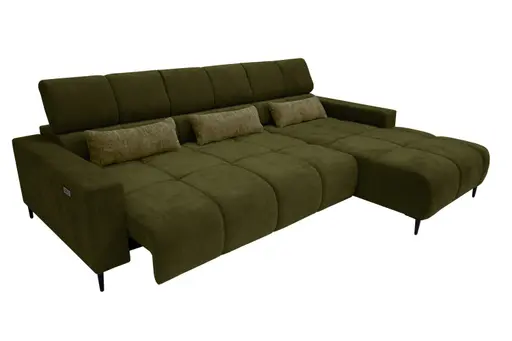 Ecksofa - 2-Sitzer mit Longchair rechts, Sitztiefe verstellbar motorisch/Kopfteil verstellbar, Stoff, Dunkelgrün
