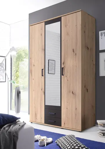 Drehtürenschrank- B ca. 120 cm, Eiche Dekor, Spiegel, Anthrazit