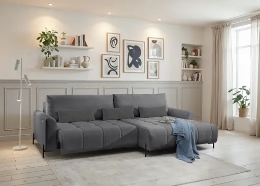 Ecksofa - 2-Sitzer mit Longchair rechts, Sitztiefe verstellbar motorisch, Stoff, Anthrazit