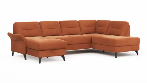 Wohnlandschaft Almyra - Longchair links inkl. Bettkasten und Armlehne klappbar, 2,5-Sitzer inkl. Vorziehsitz (motorisch), Ottomane rechts, Stoff, Kupfer